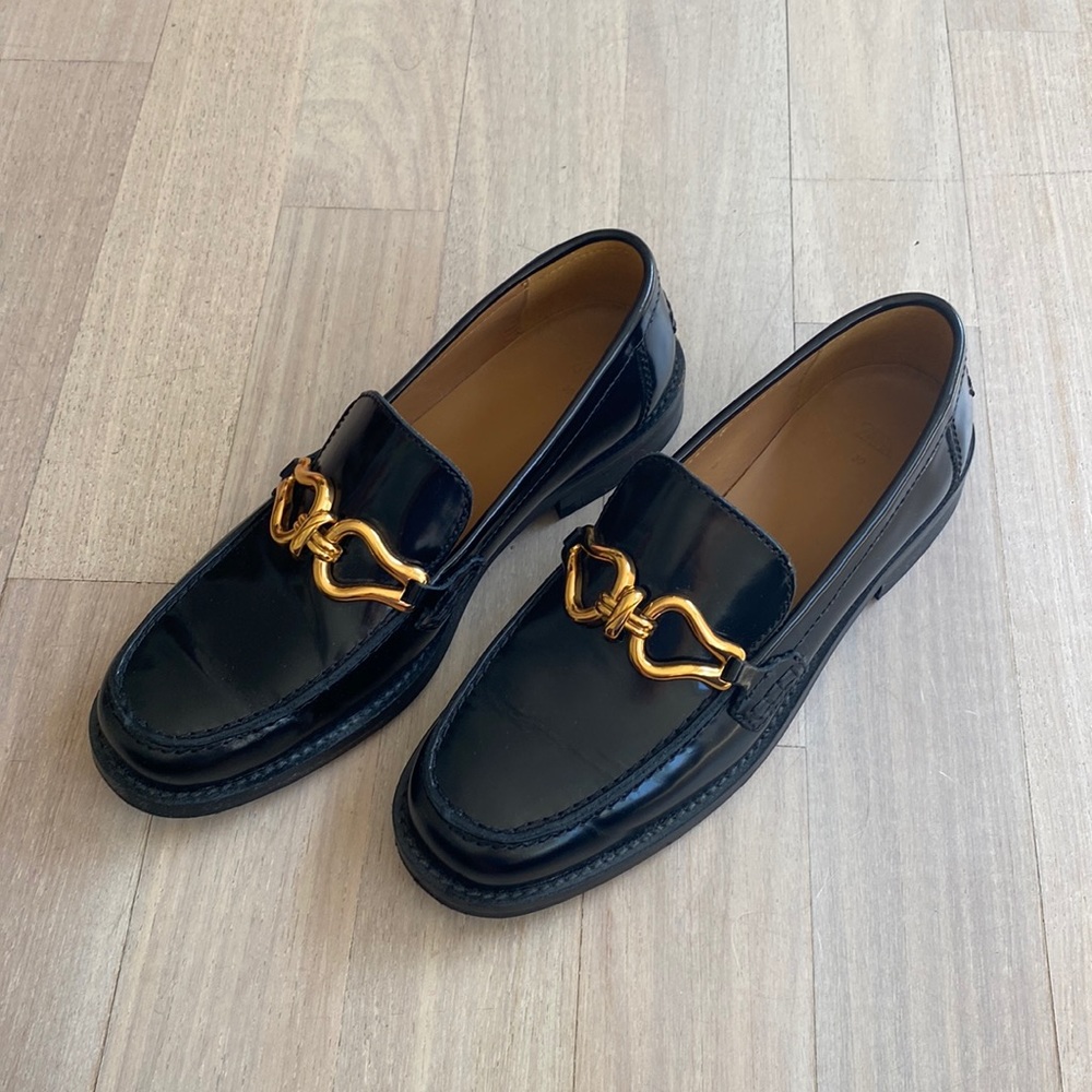 Zara black leather moccasins with gold hardware